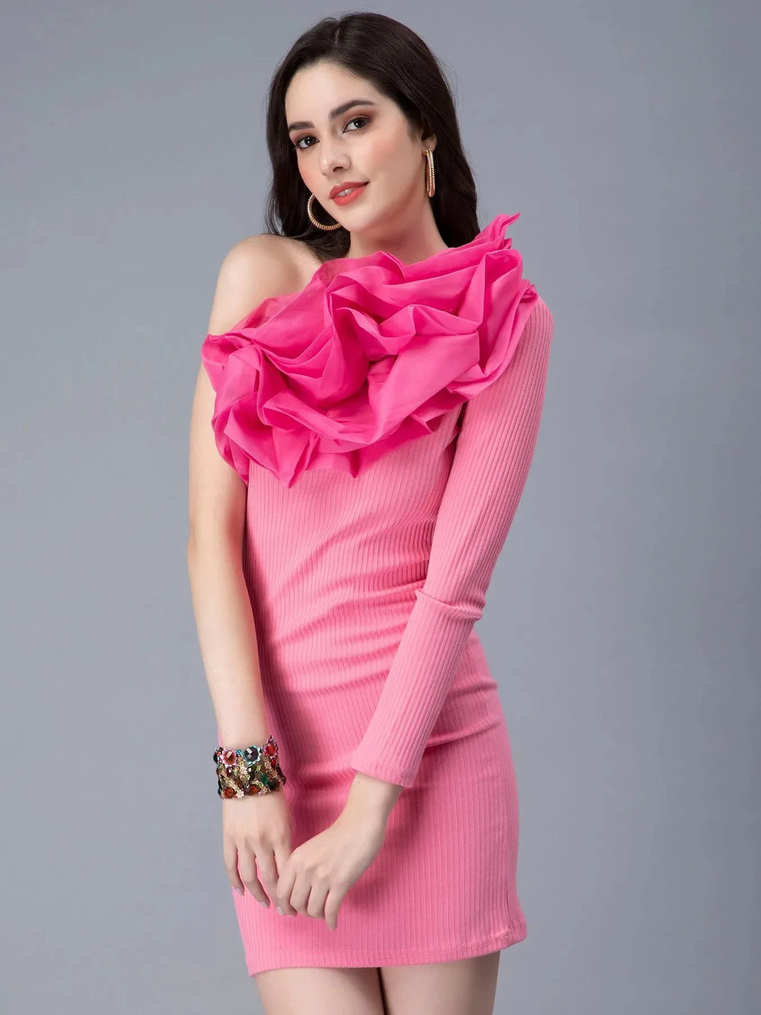 One Shoulder Ruffle Rib Knit Dress