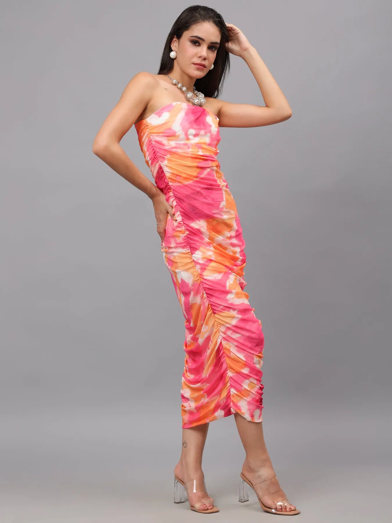 Ruched Printed Tulle Dress