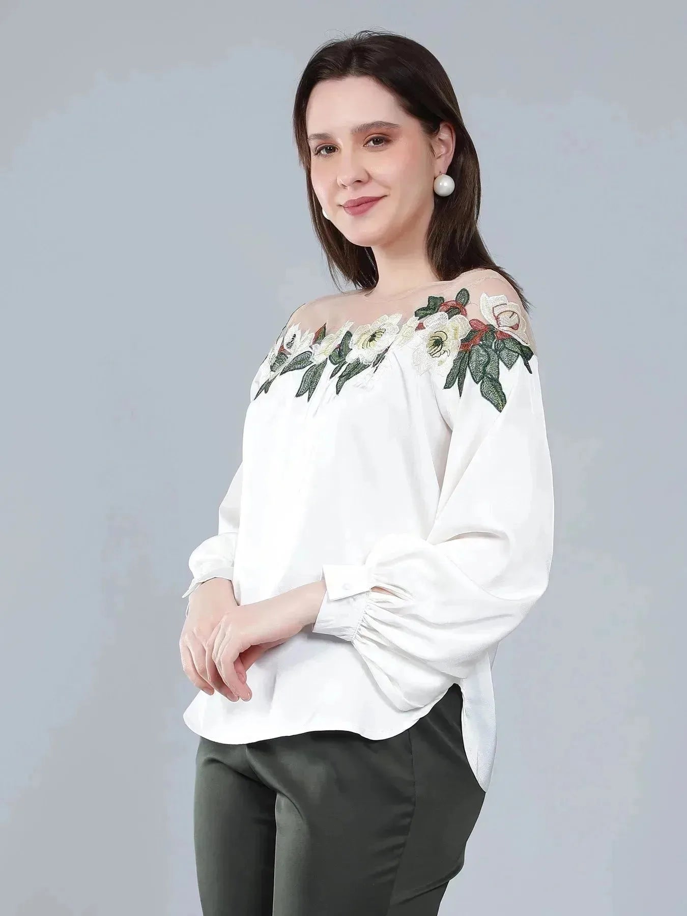Flower Embroidery Satin Blouse