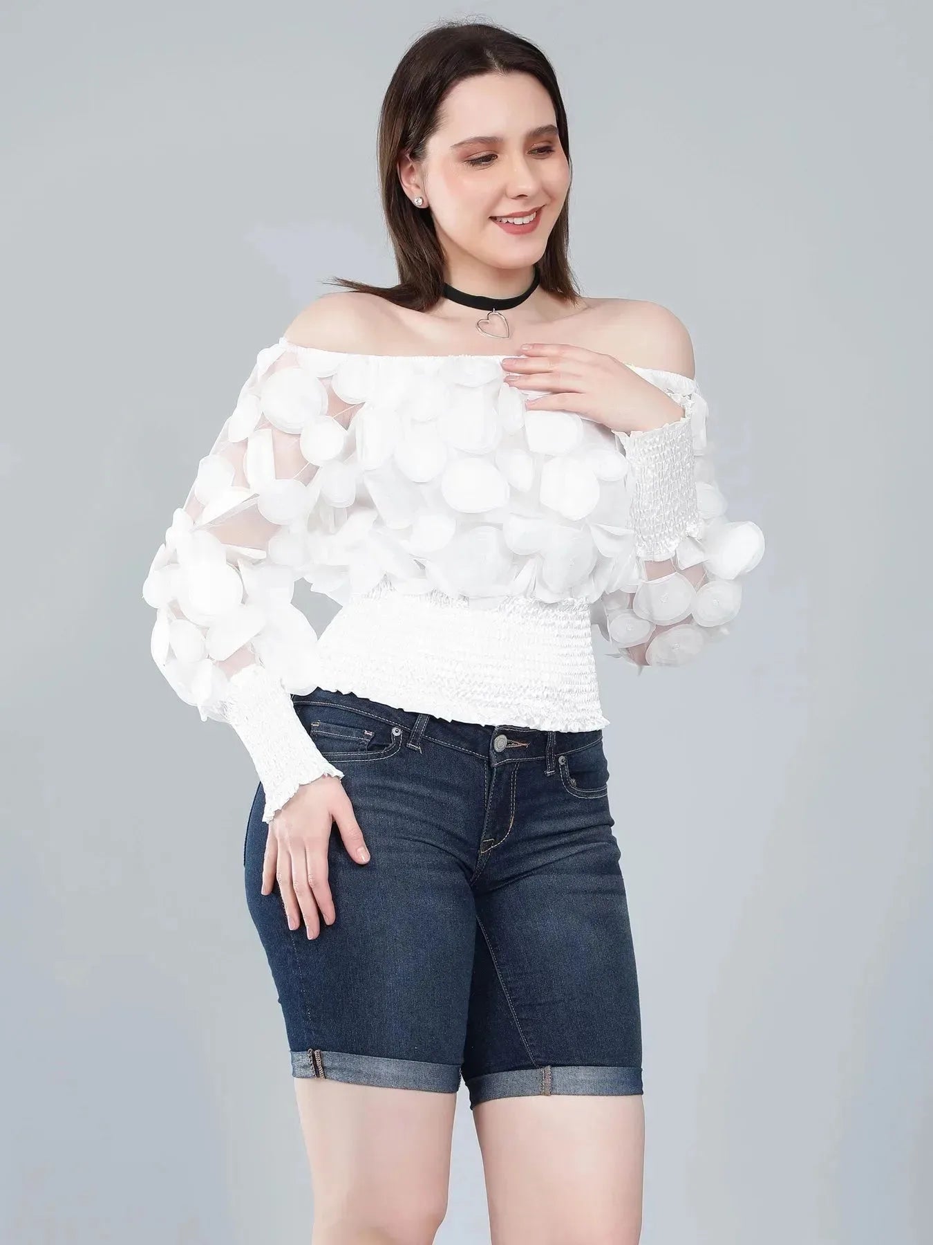 Lantern Sleeve Mesh Ruched Blouse