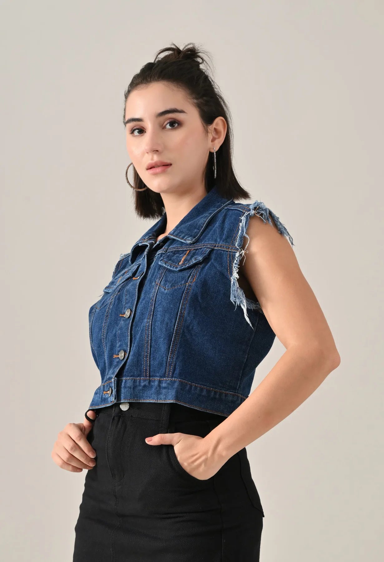 Fray Denim Vest Jacket