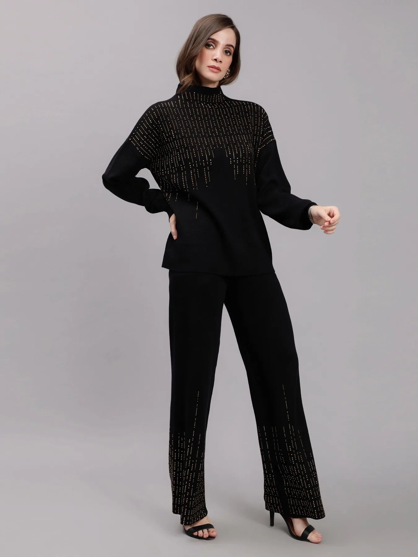 Metallic Rhinestone Knitted Two Piece Set