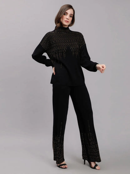 Metallic Rhinestone Knitted Two Piece Set