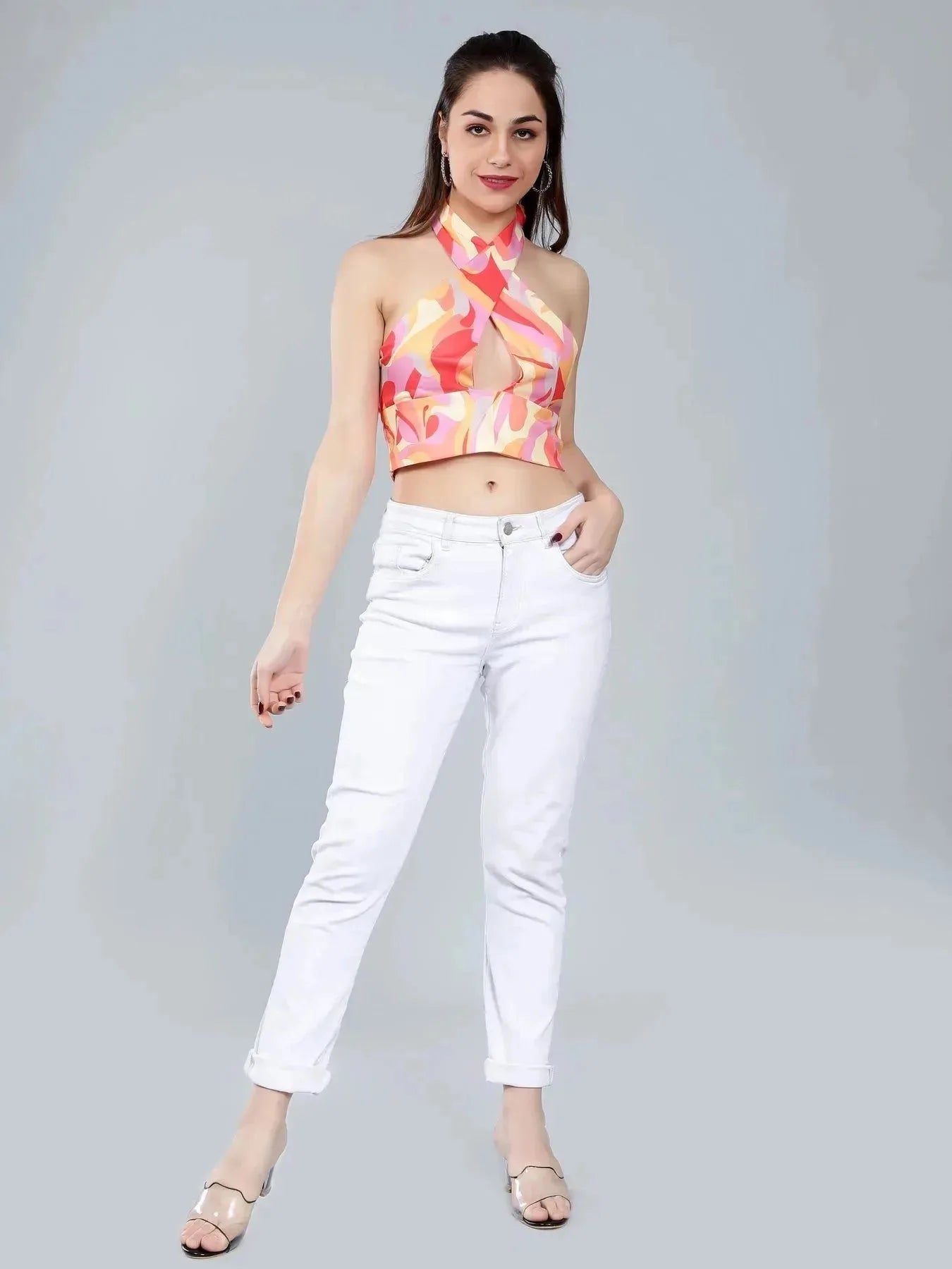 Abstract Print Cross Halter Top