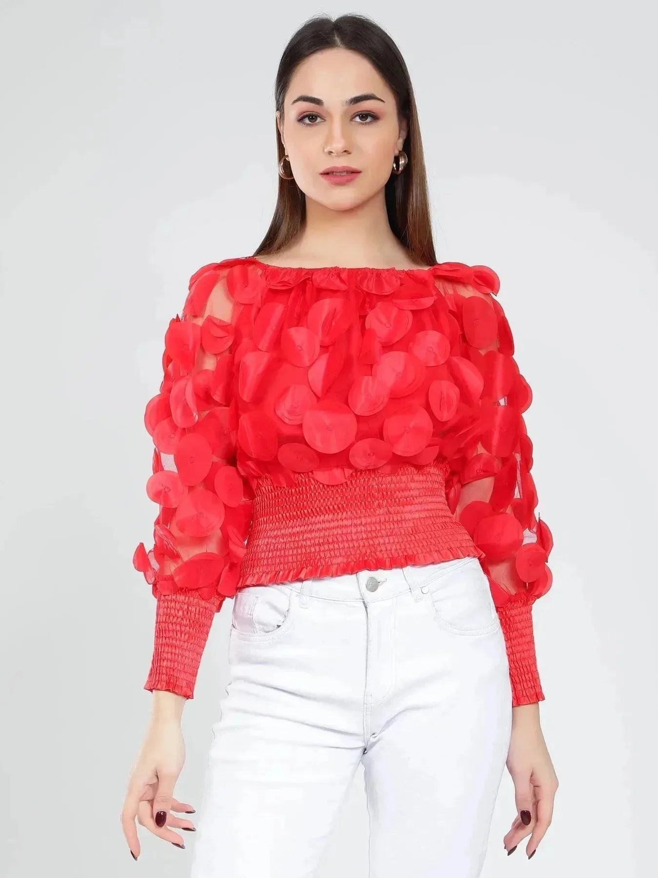 Lantern Sleeve Mesh Ruched Blouse