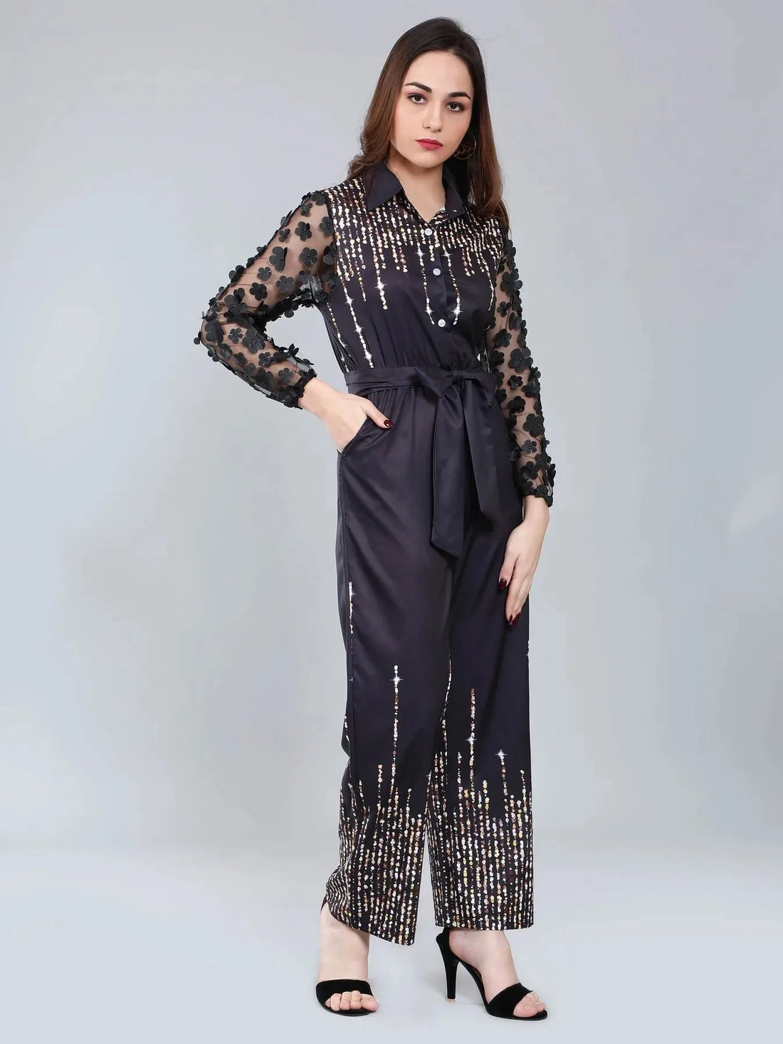 Tulle Sleeves Printed Jumpsuit