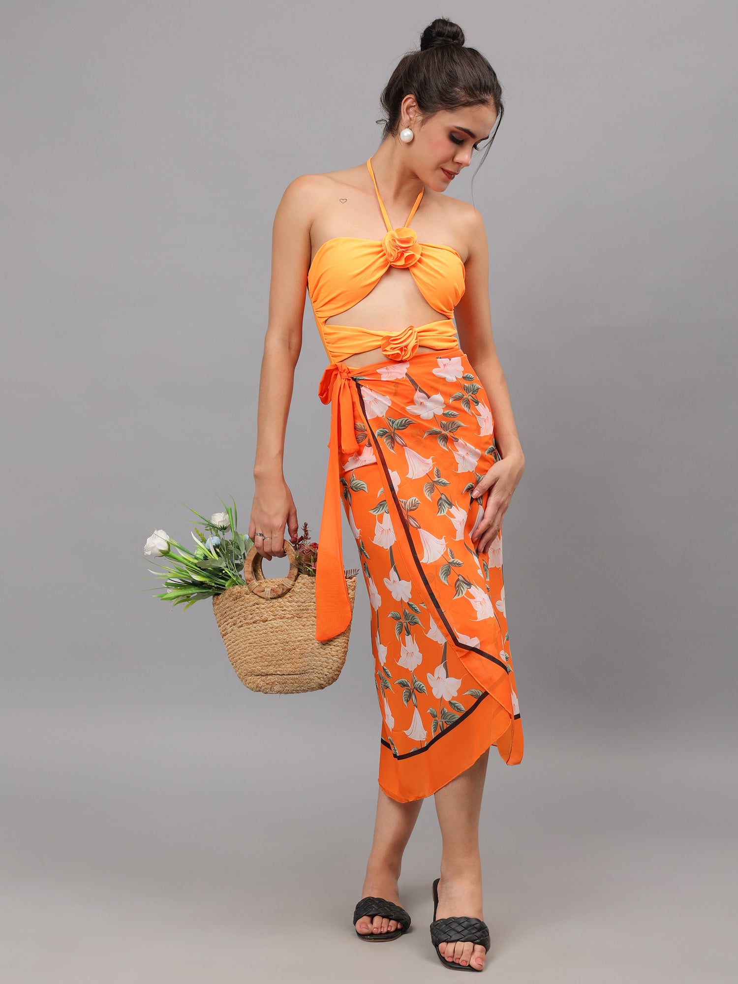 Halter Cut Out Monokini With Sarong