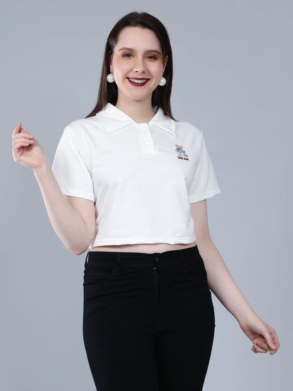 Bear Embroidered Cropped Polo Tee