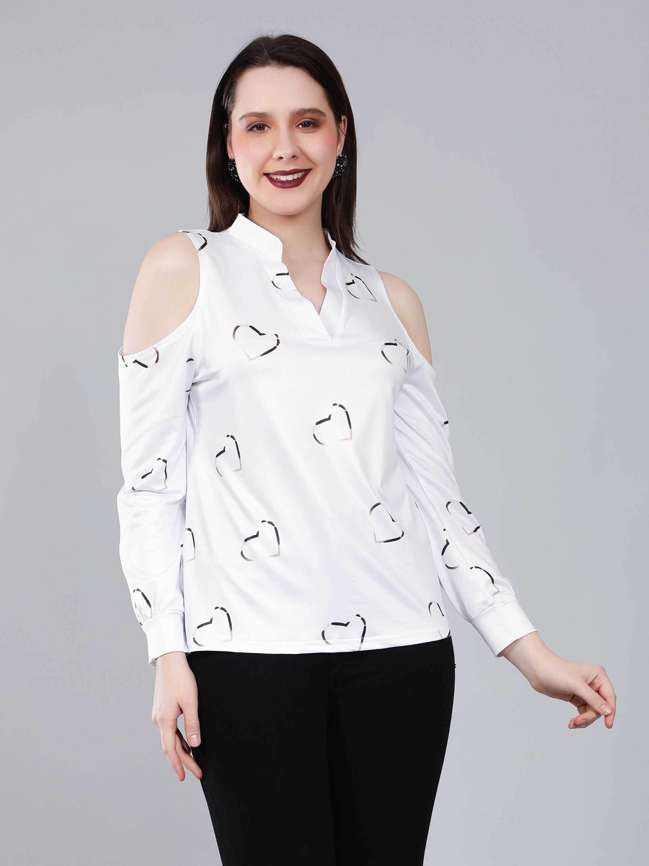 Cold Shoulder Heart Printed Blouse