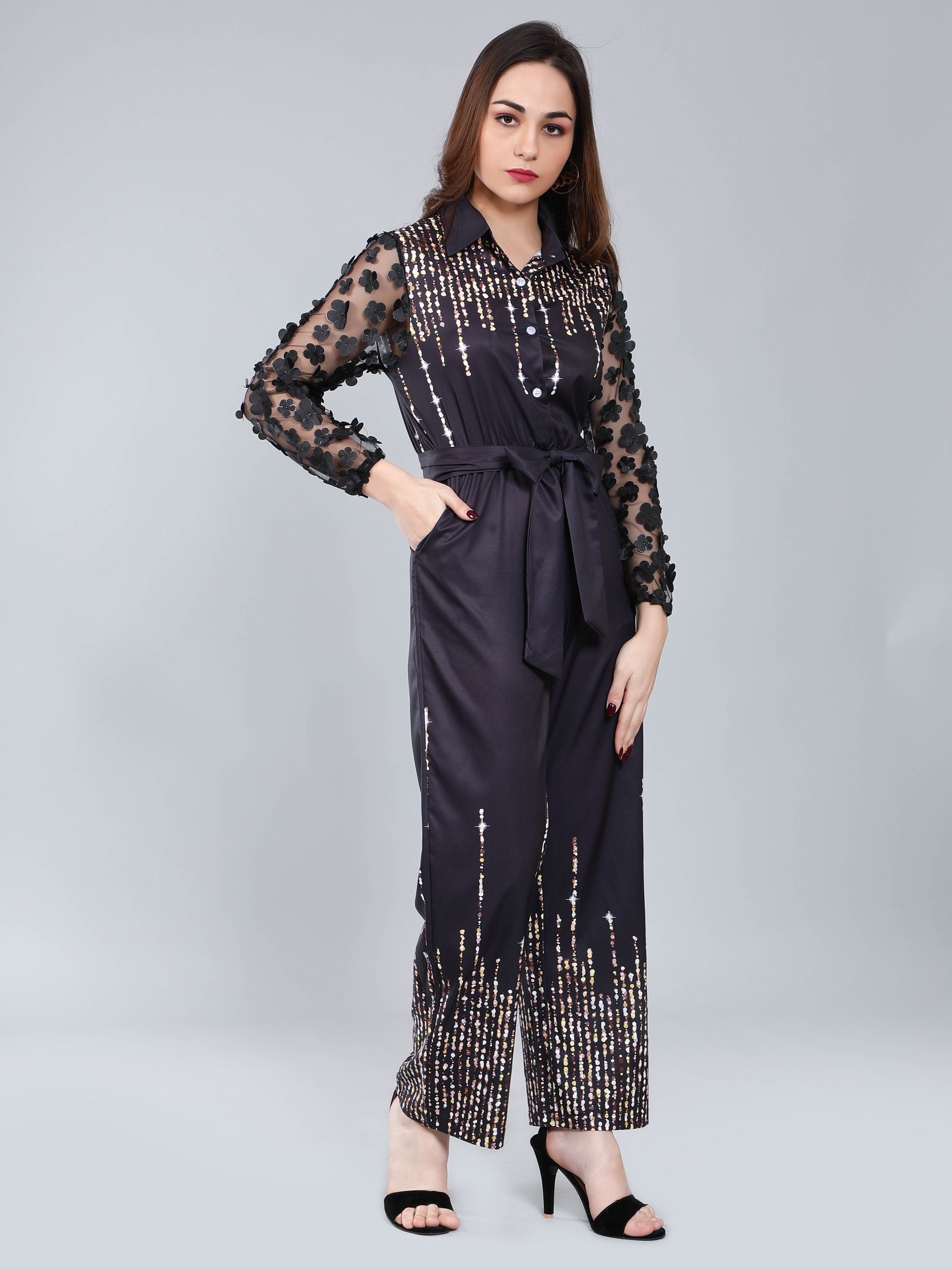 Tulle Sleeves Printed Jumpsuit