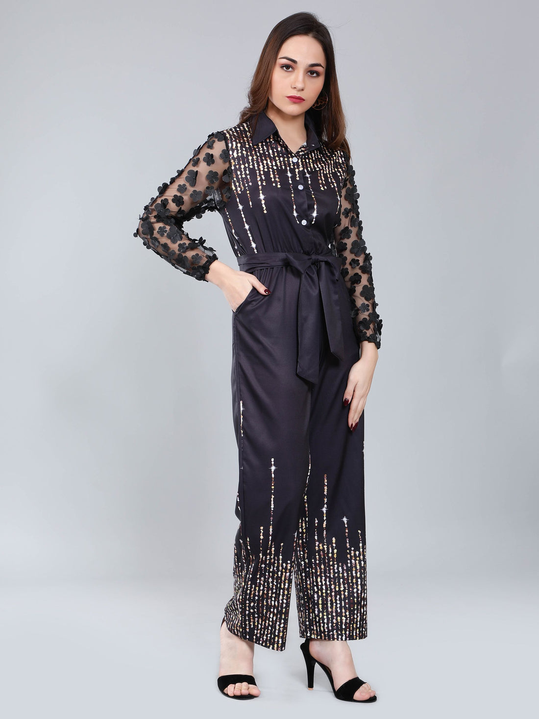 Tulle Sleeves Printed Jumpsuit