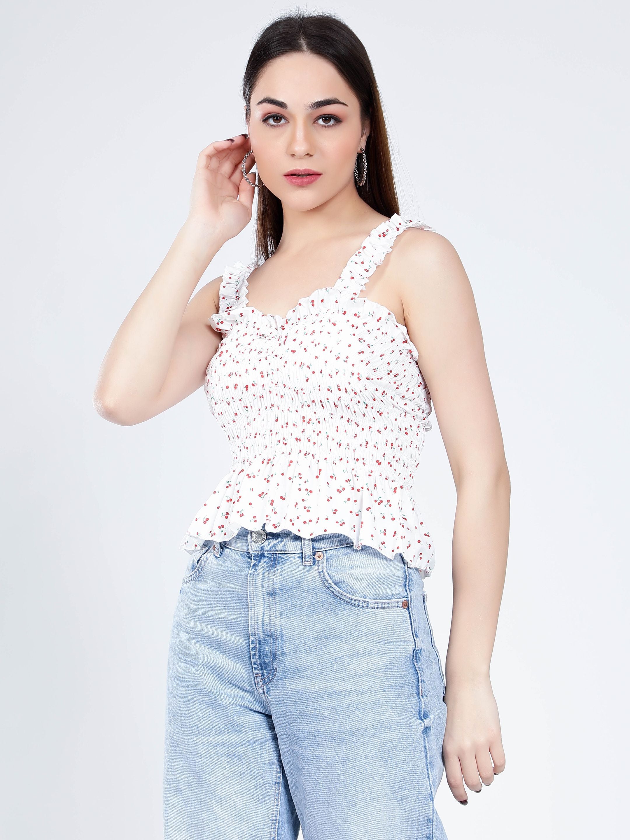Smocking Cherry Print Top
