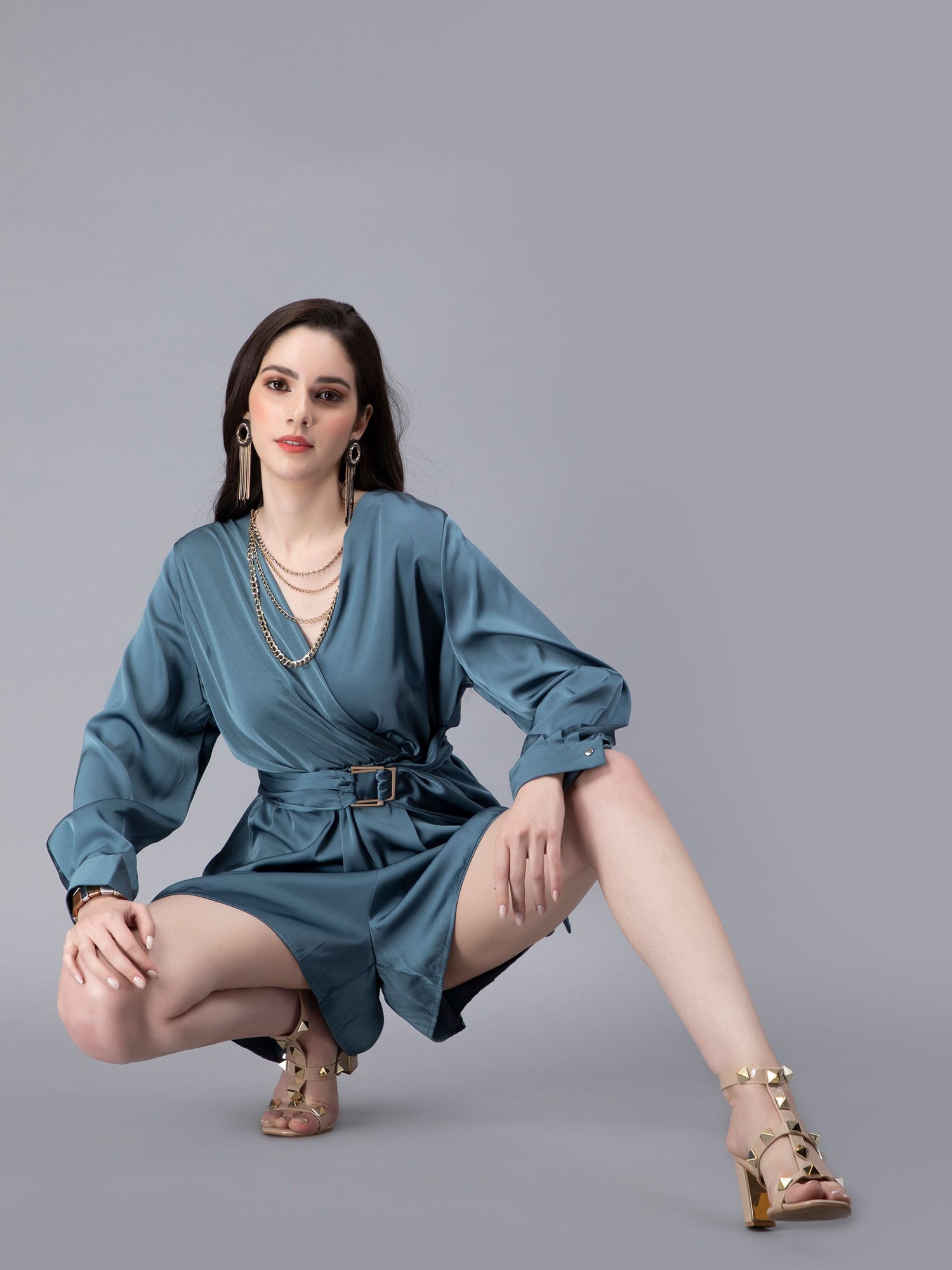 Front Overlap Flair Satin Playsuit