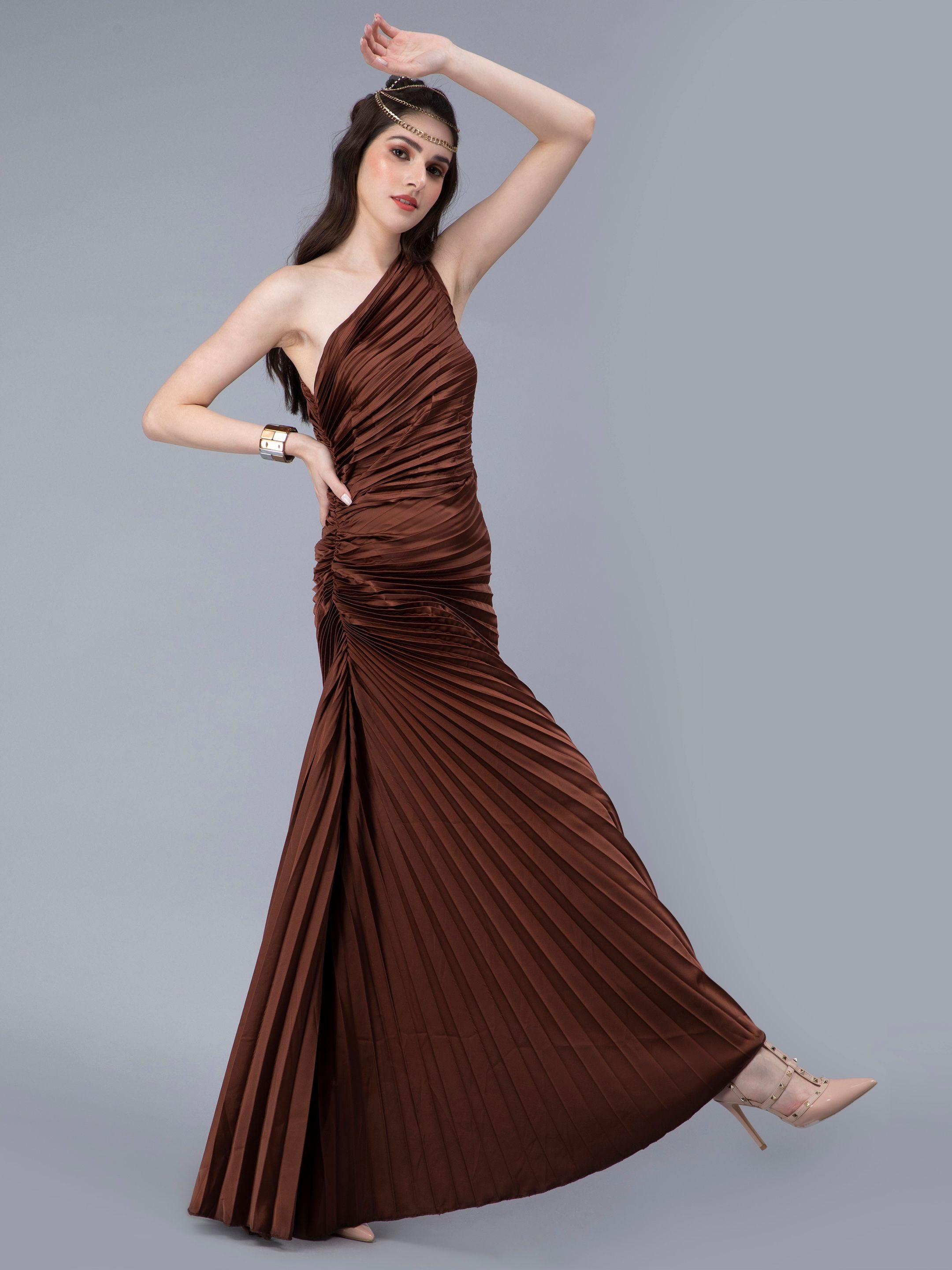 Fan Pleats One-Shoulder Dress
