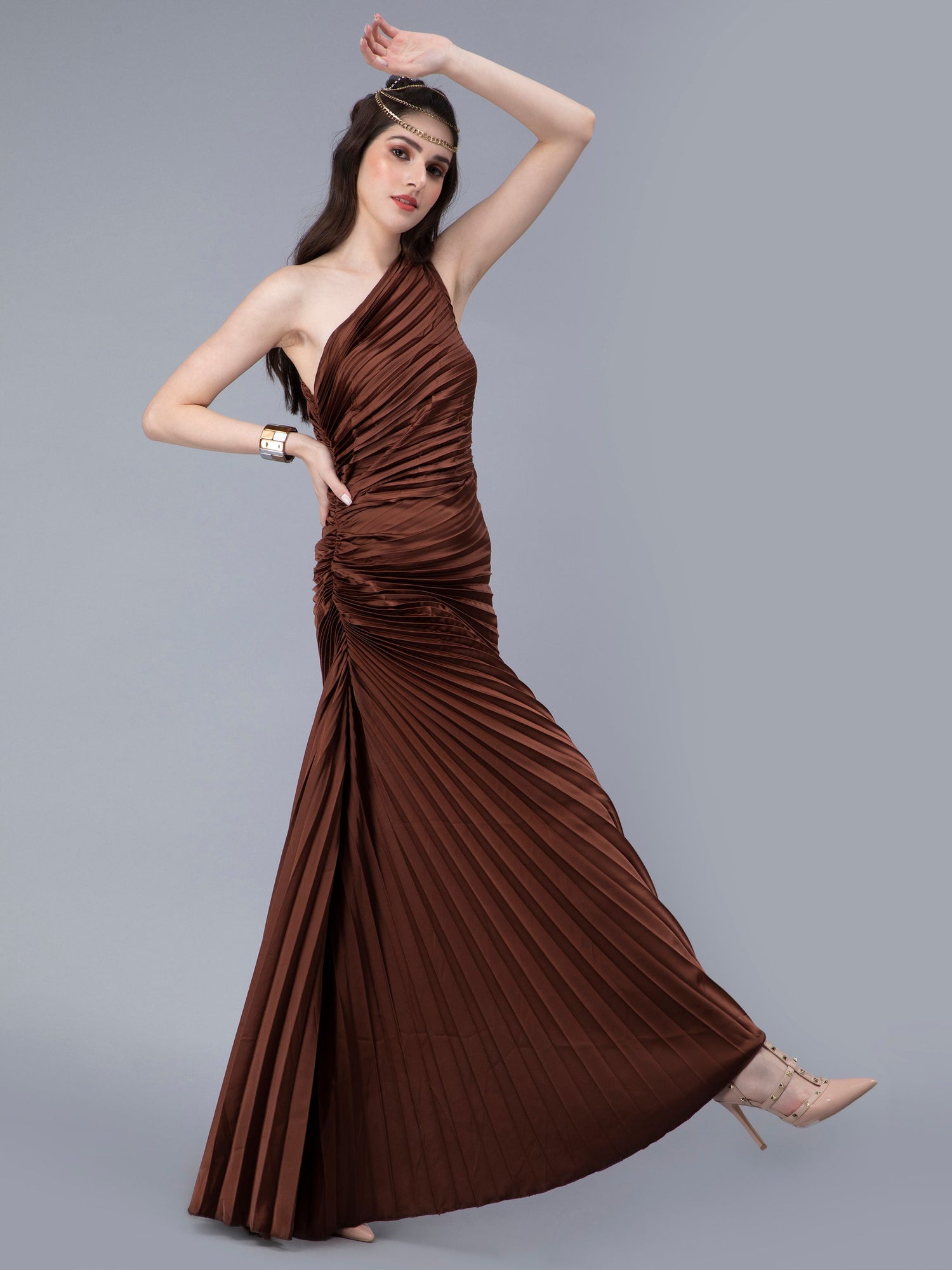 Fan Pleats One-Shoulder Dress