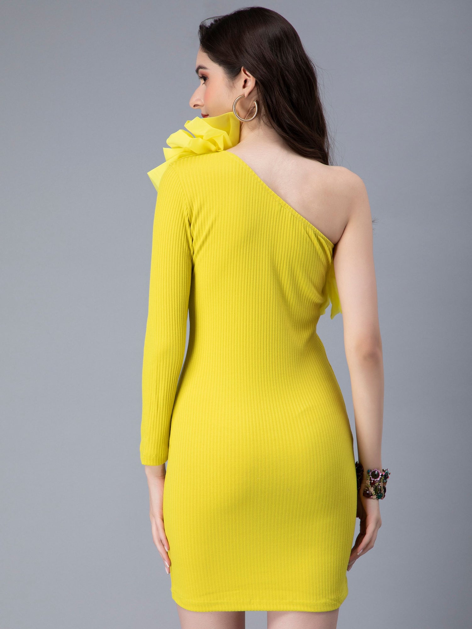 One Shoulder Ruffle Rib Knit Dress