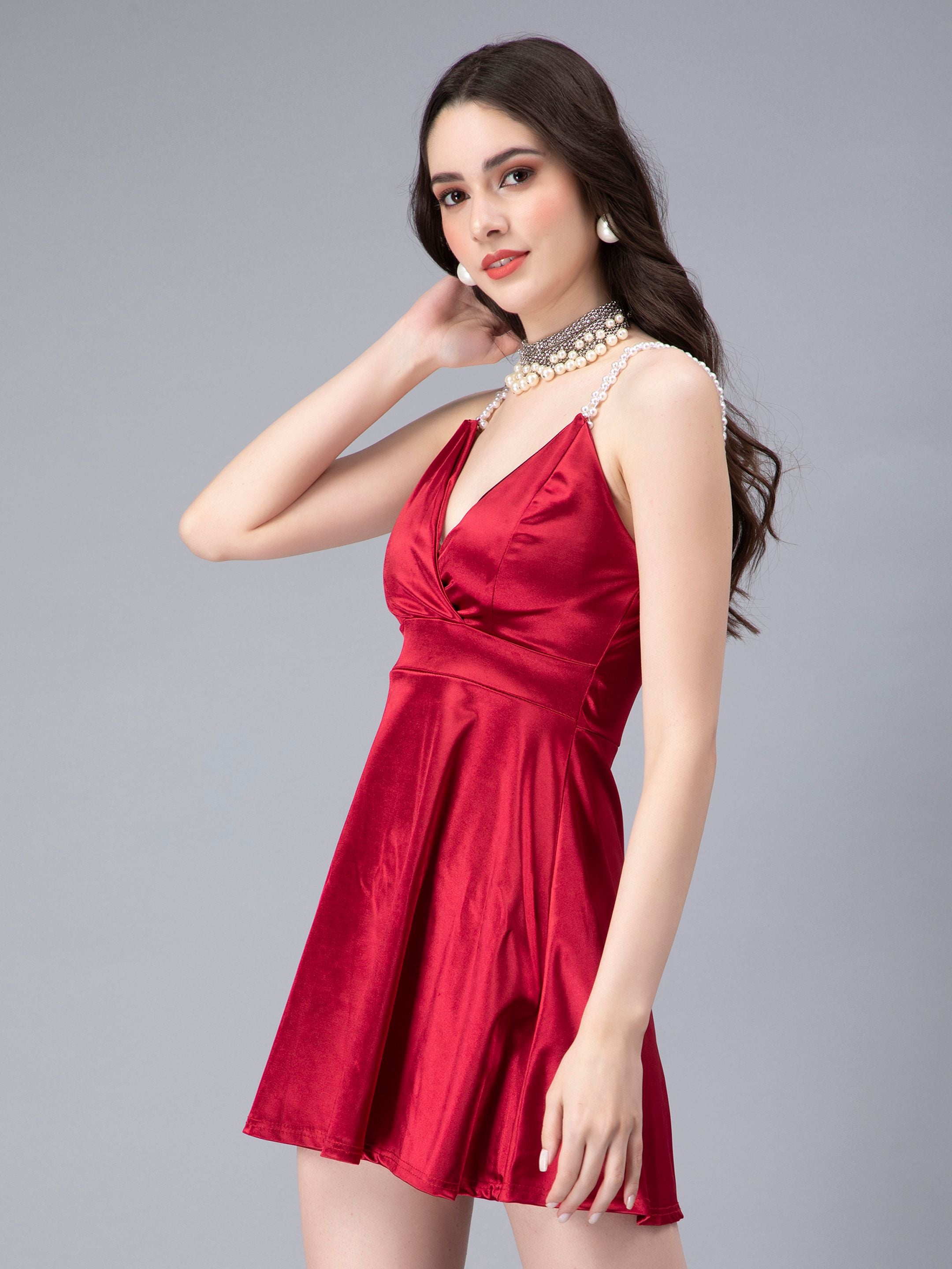 Pearl Straps Front Overlap Dress