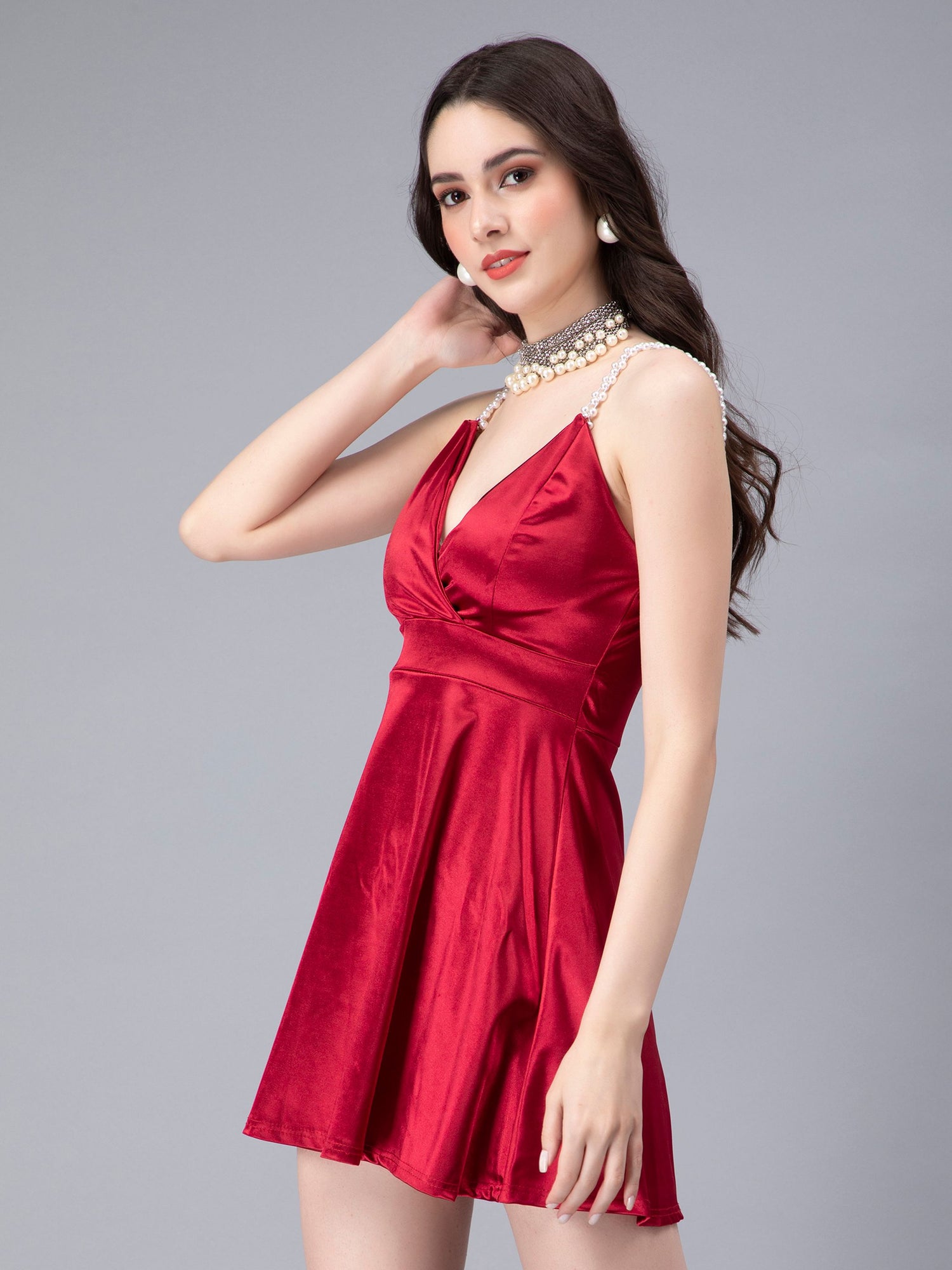 Pearl Straps Front Overlap Dress