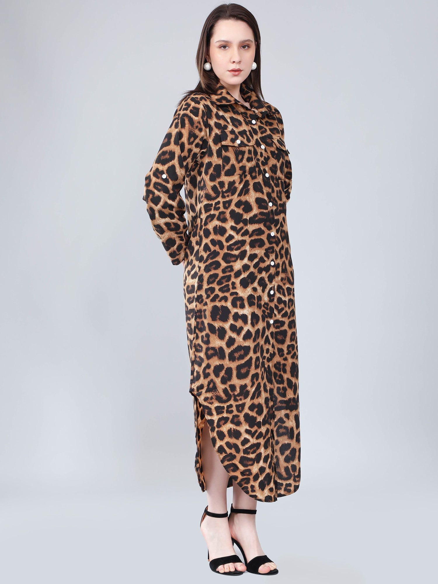 Leopard Print Long Shirt Dress
