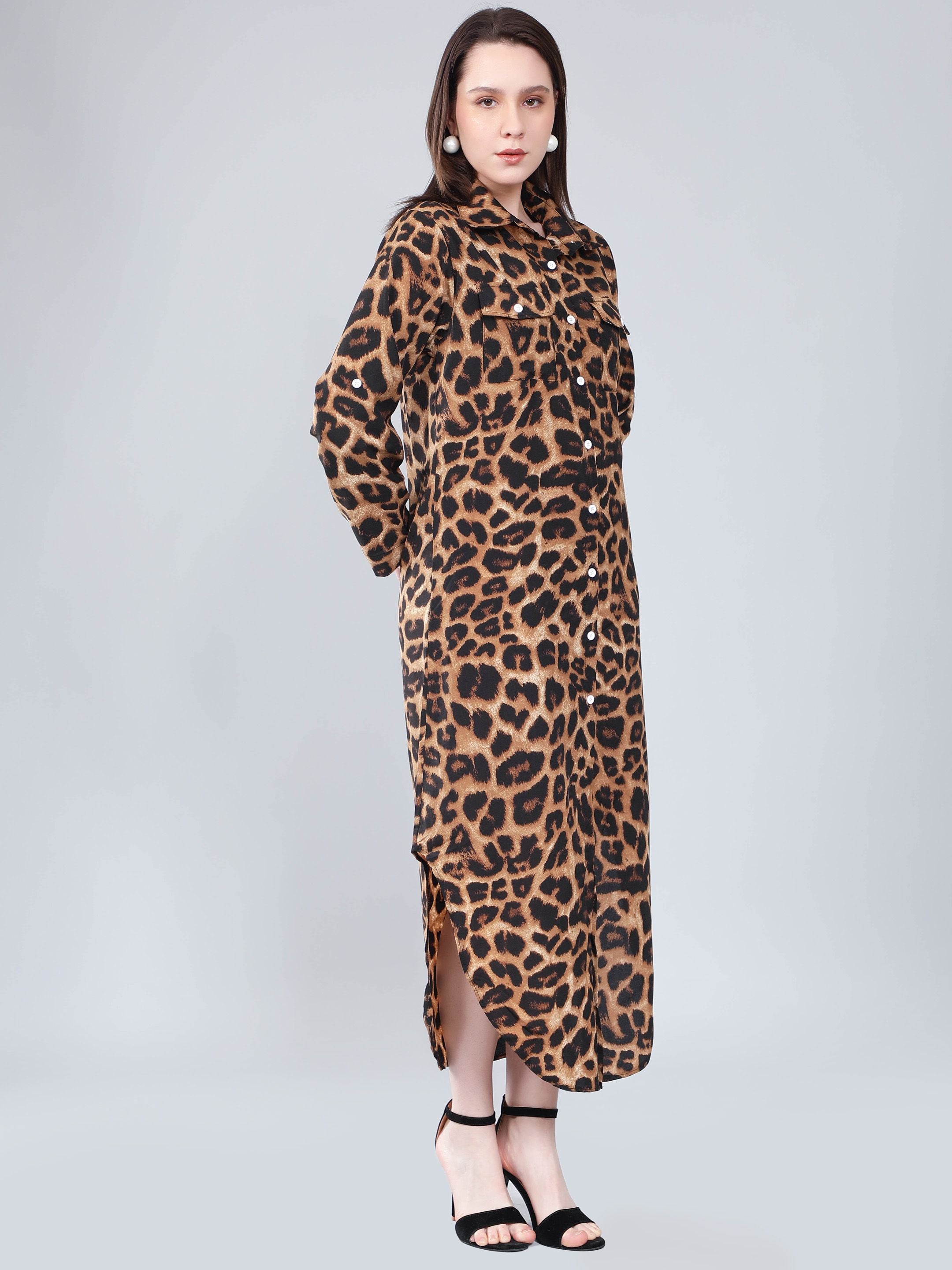 Leopard Print Long Shirt Dress