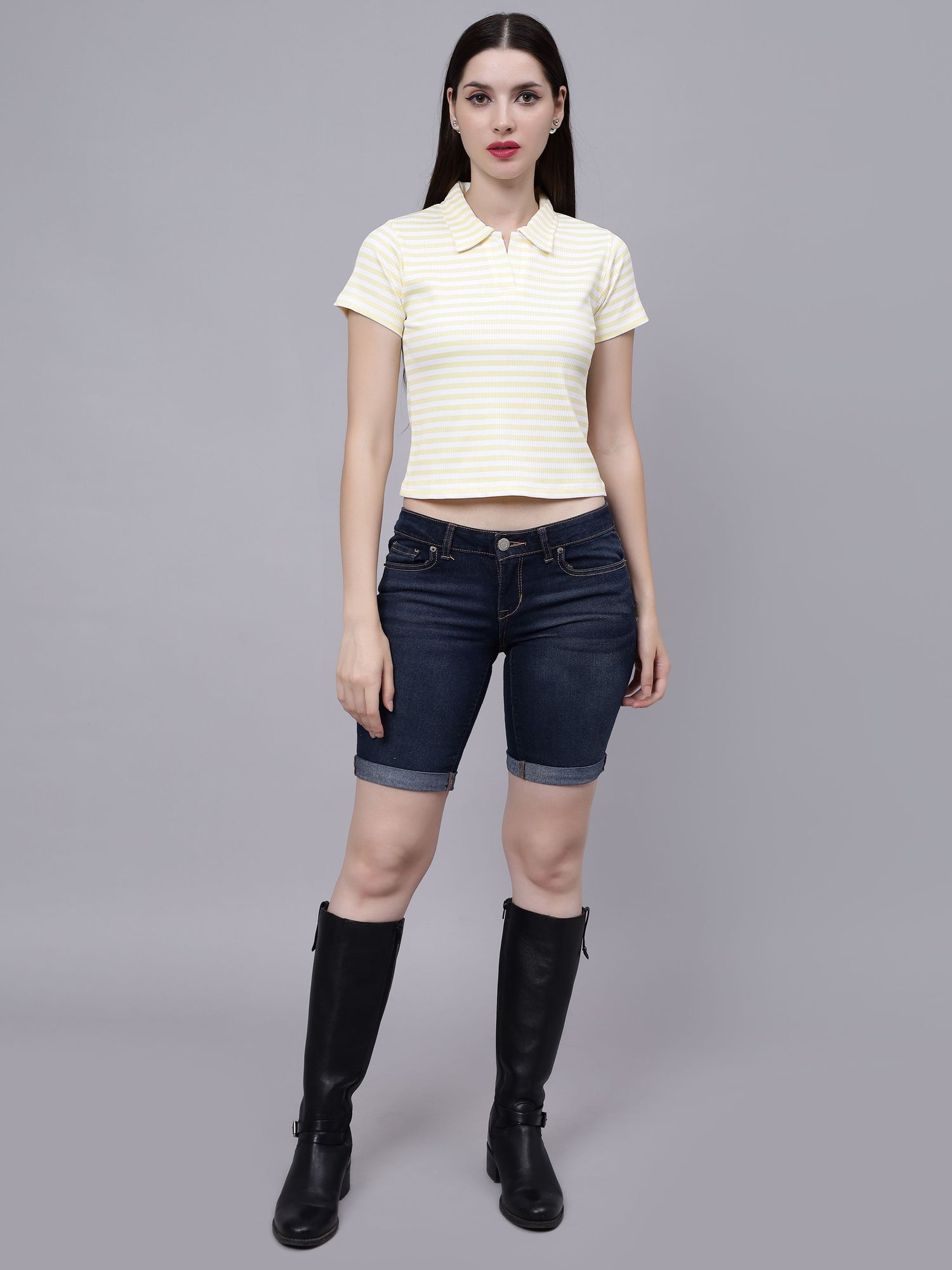 Cotton Striped Polo Neck T-Shirt