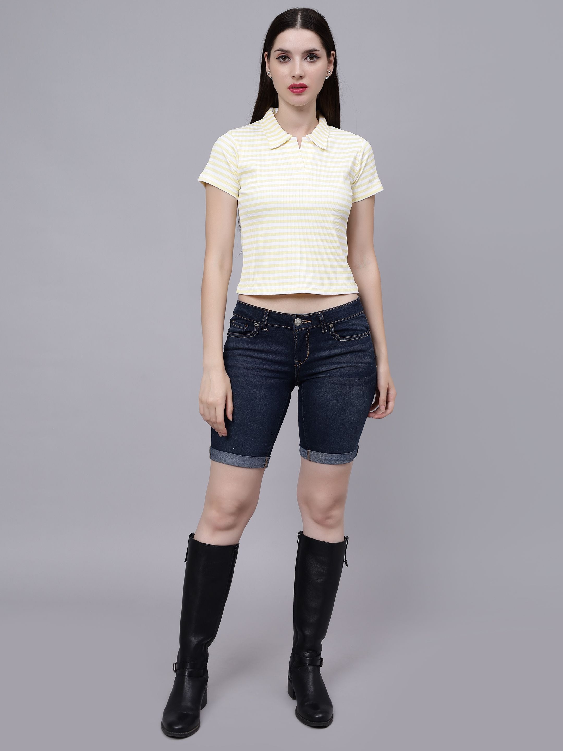 Cotton Striped Polo Neck T-Shirt