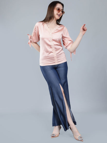 Pearl Knotted Slit Sleeve Blouse