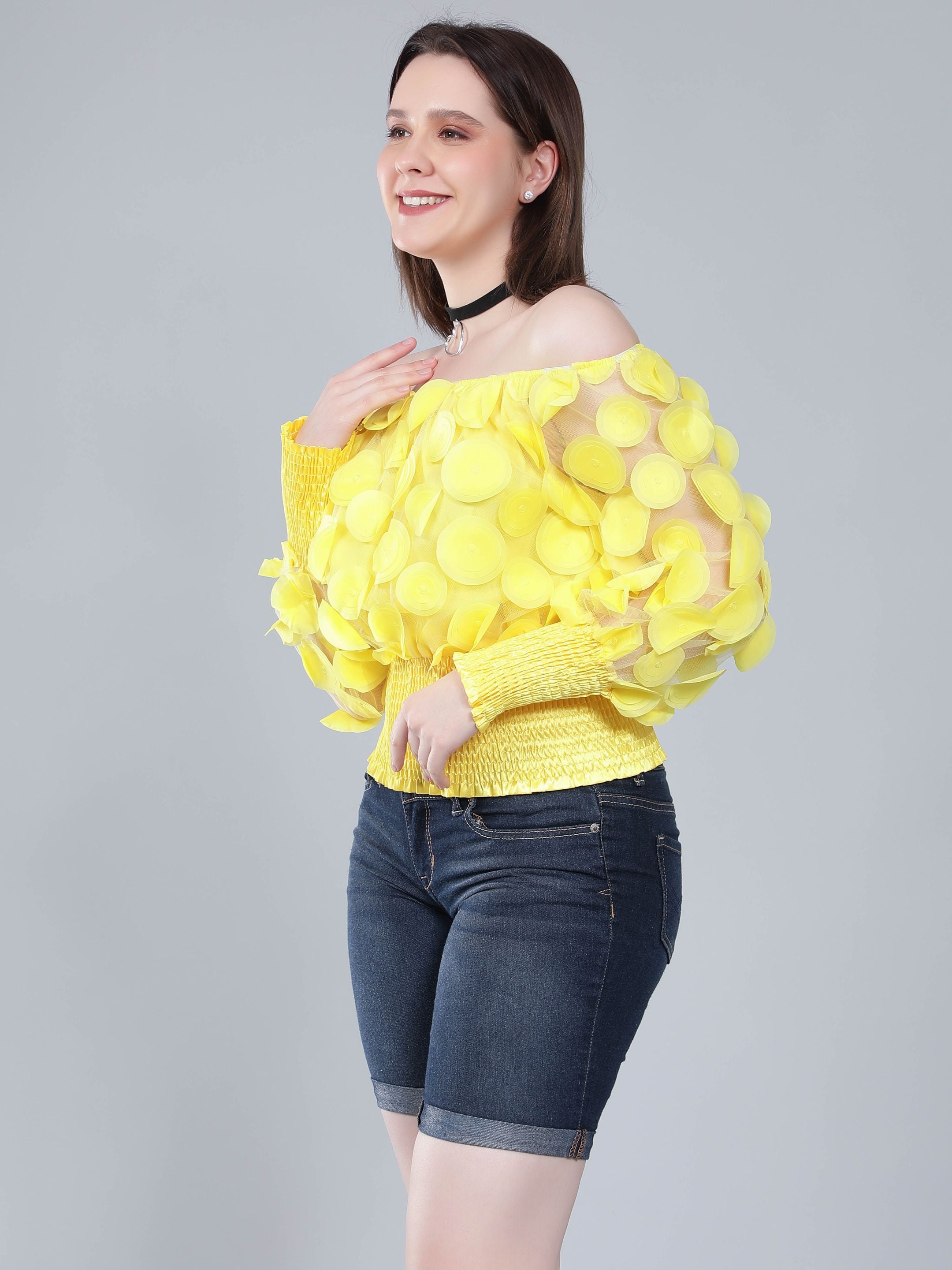 Lantern Sleeve Mesh Ruched Blouse