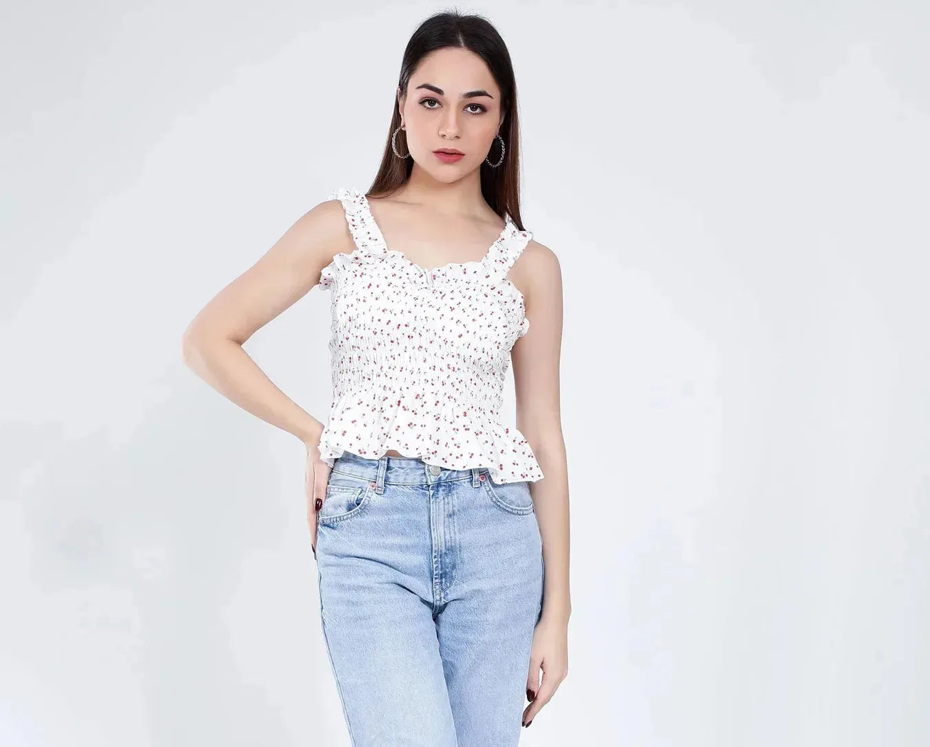 Smocking Cherry Print Top