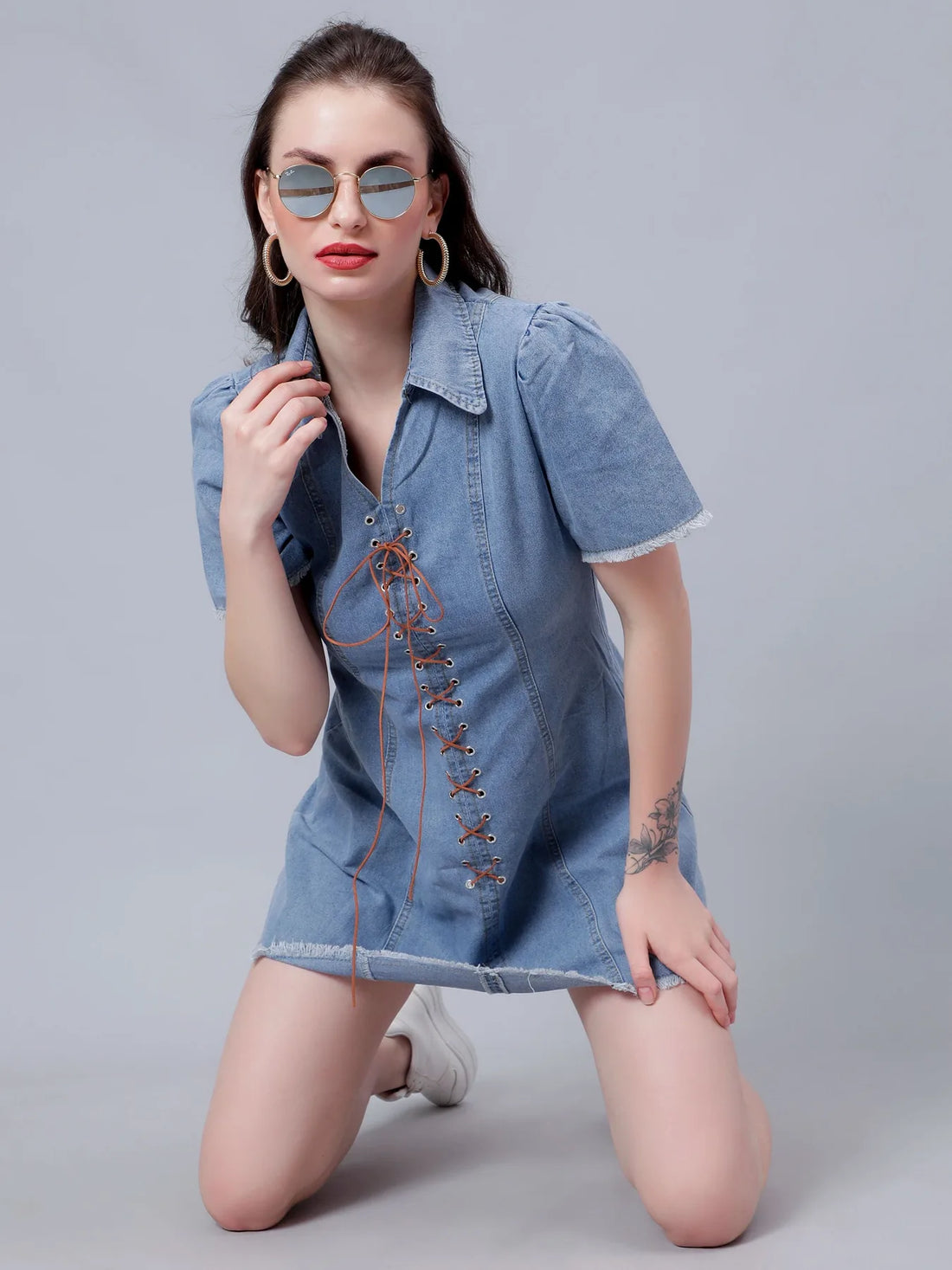 Lace Up Denim Short Dress