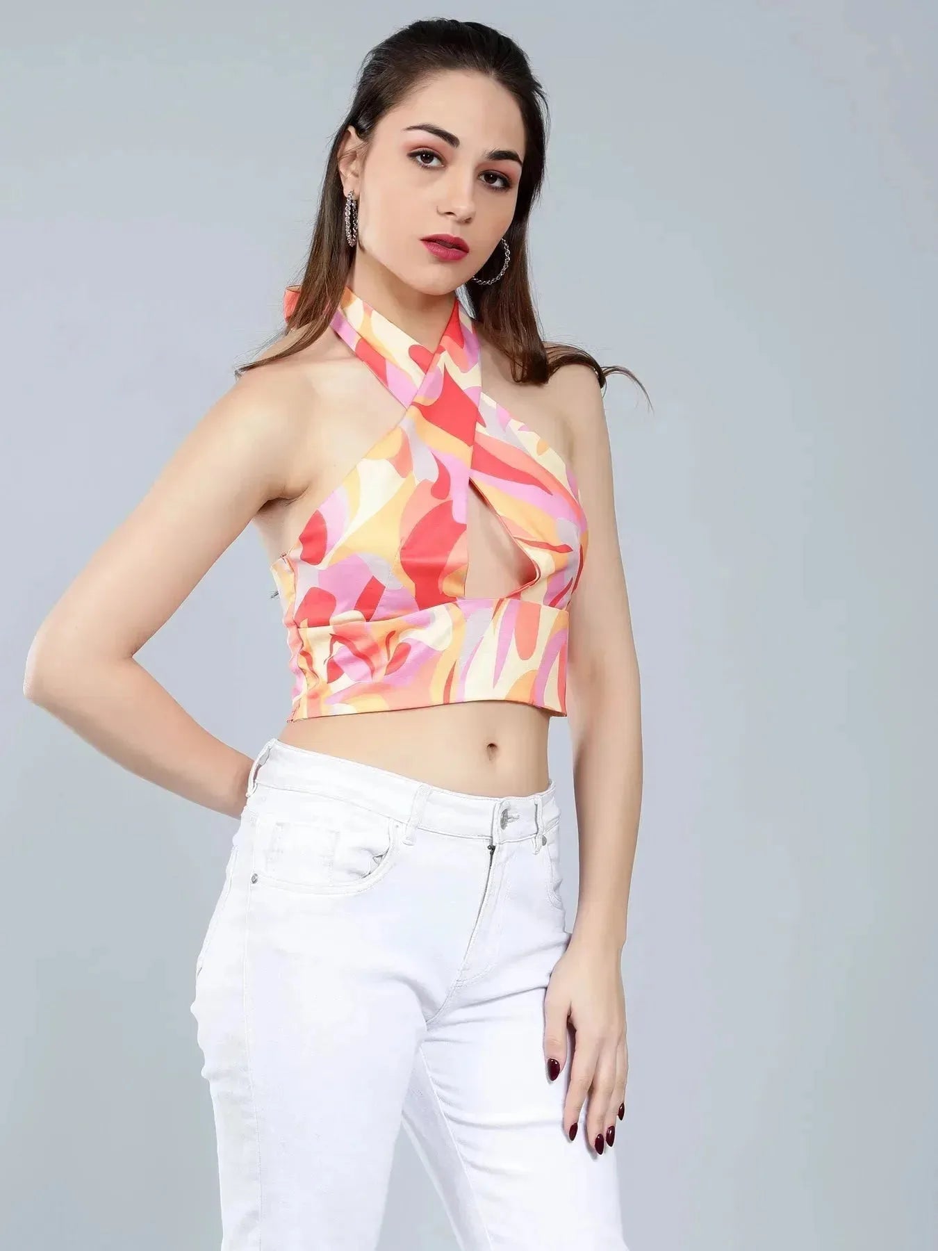 Abstract Print Cross Halter Top