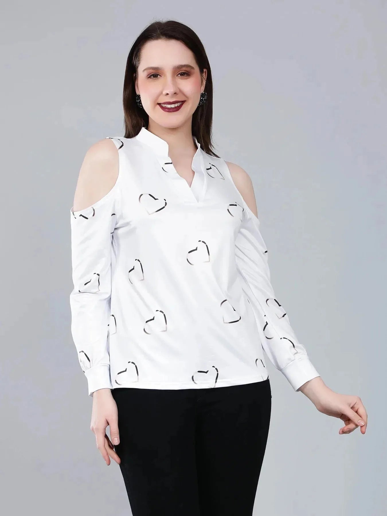 Cold Shoulder Heart Printed Blouse