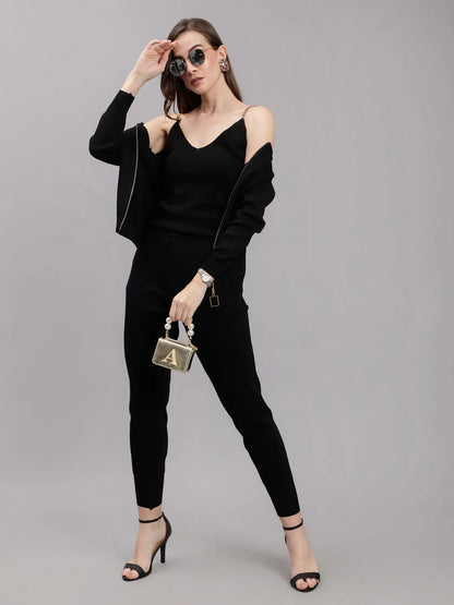 Front Zip Knitted Three Piece Set