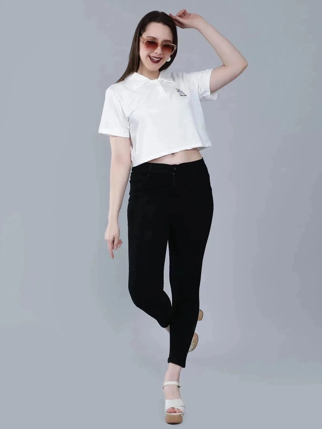 Bear Embroidered Cropped Polo Tee