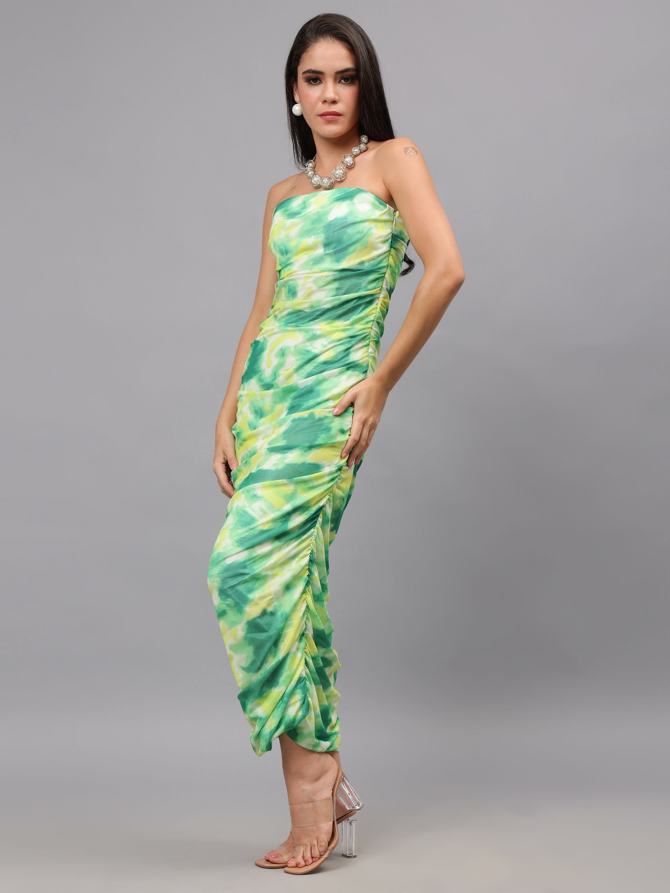 Ruched Printed Tulle Dress