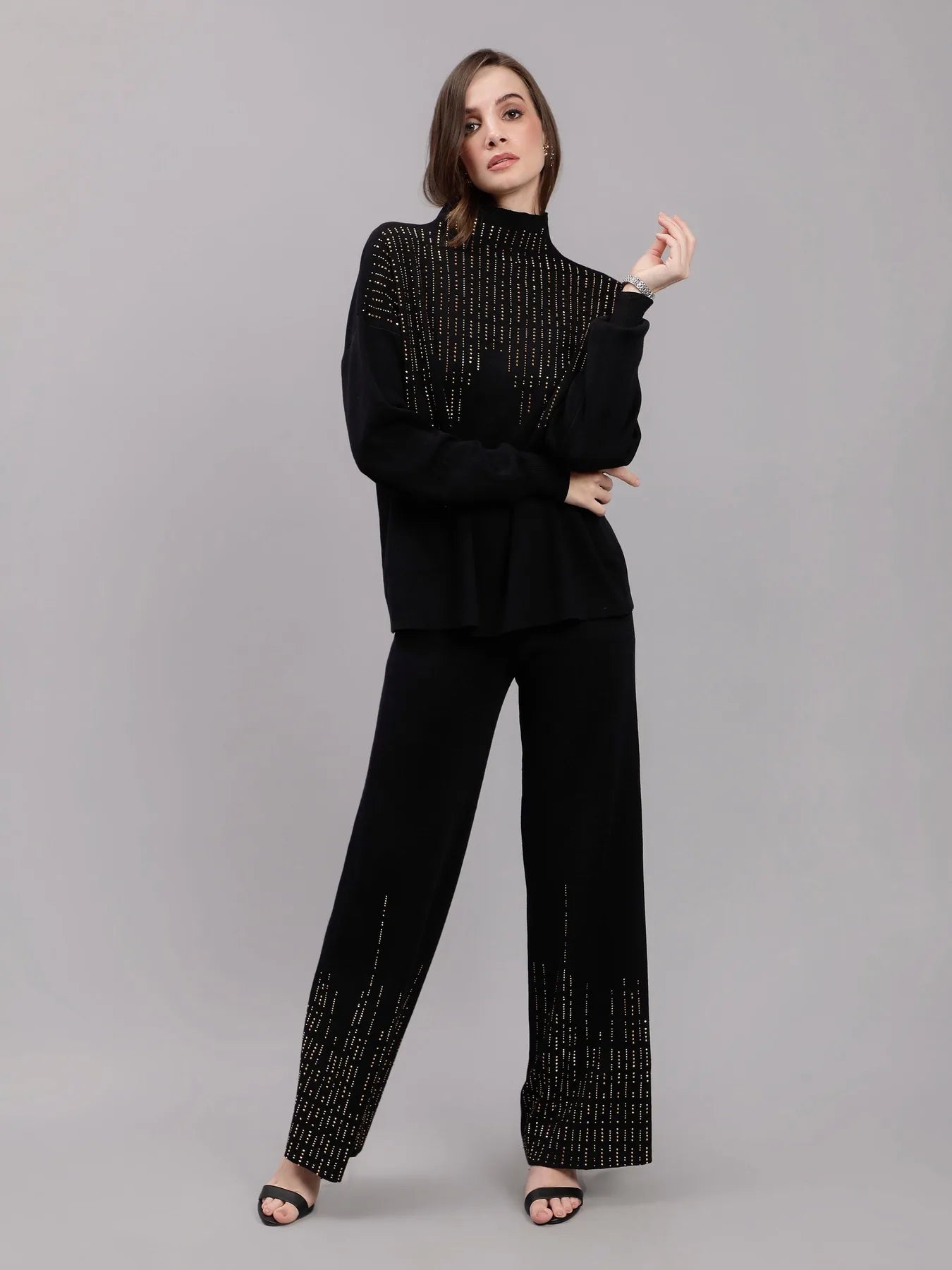 Metallic Rhinestone Knitted Two Piece Set