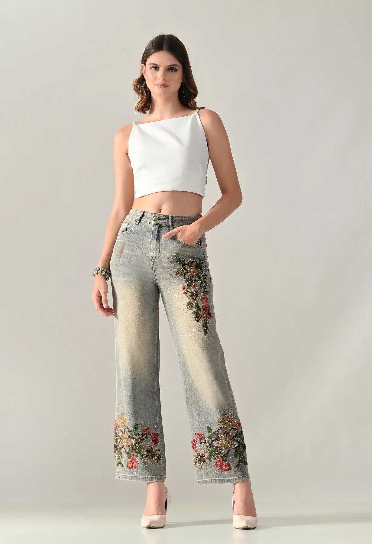 Rhinestone Embroidered Jeans