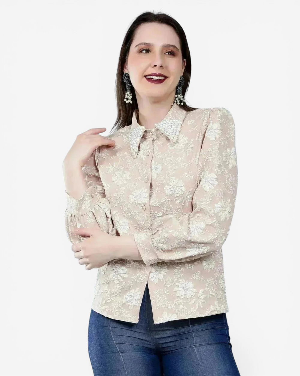 Pearl Beading Jacquard Shirt