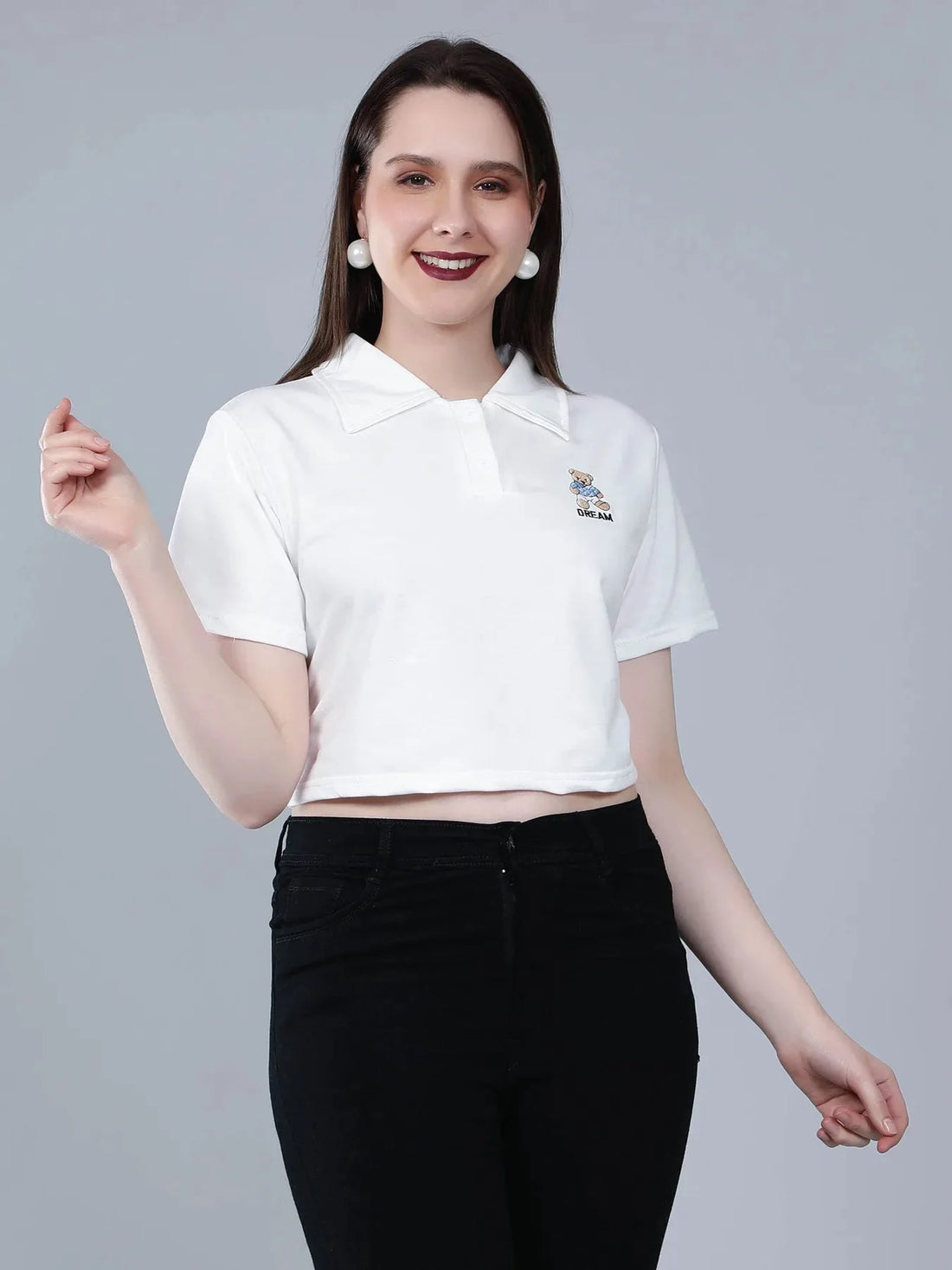 Bear Embroidered Cropped Polo Tee