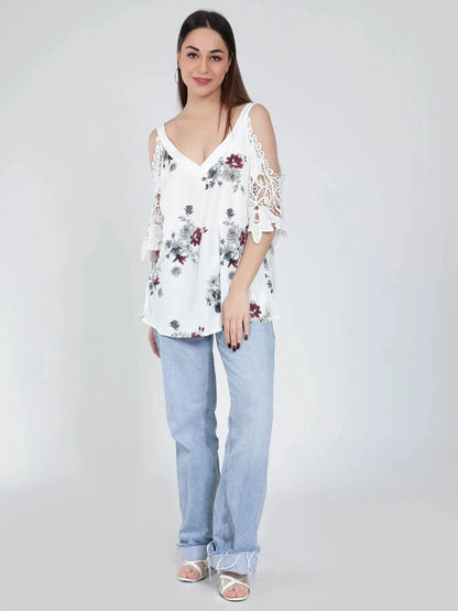 Cold Shoulder Lace Sleeves Blouse