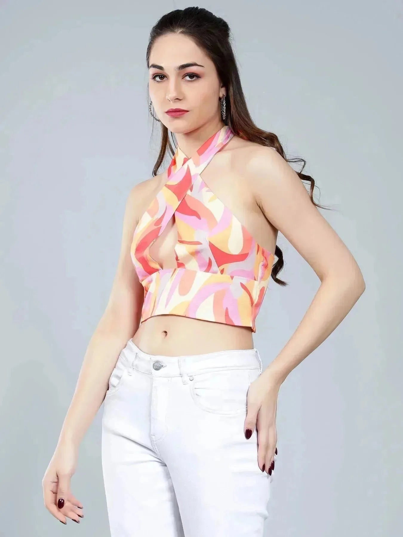 Abstract Print Cross Halter Top