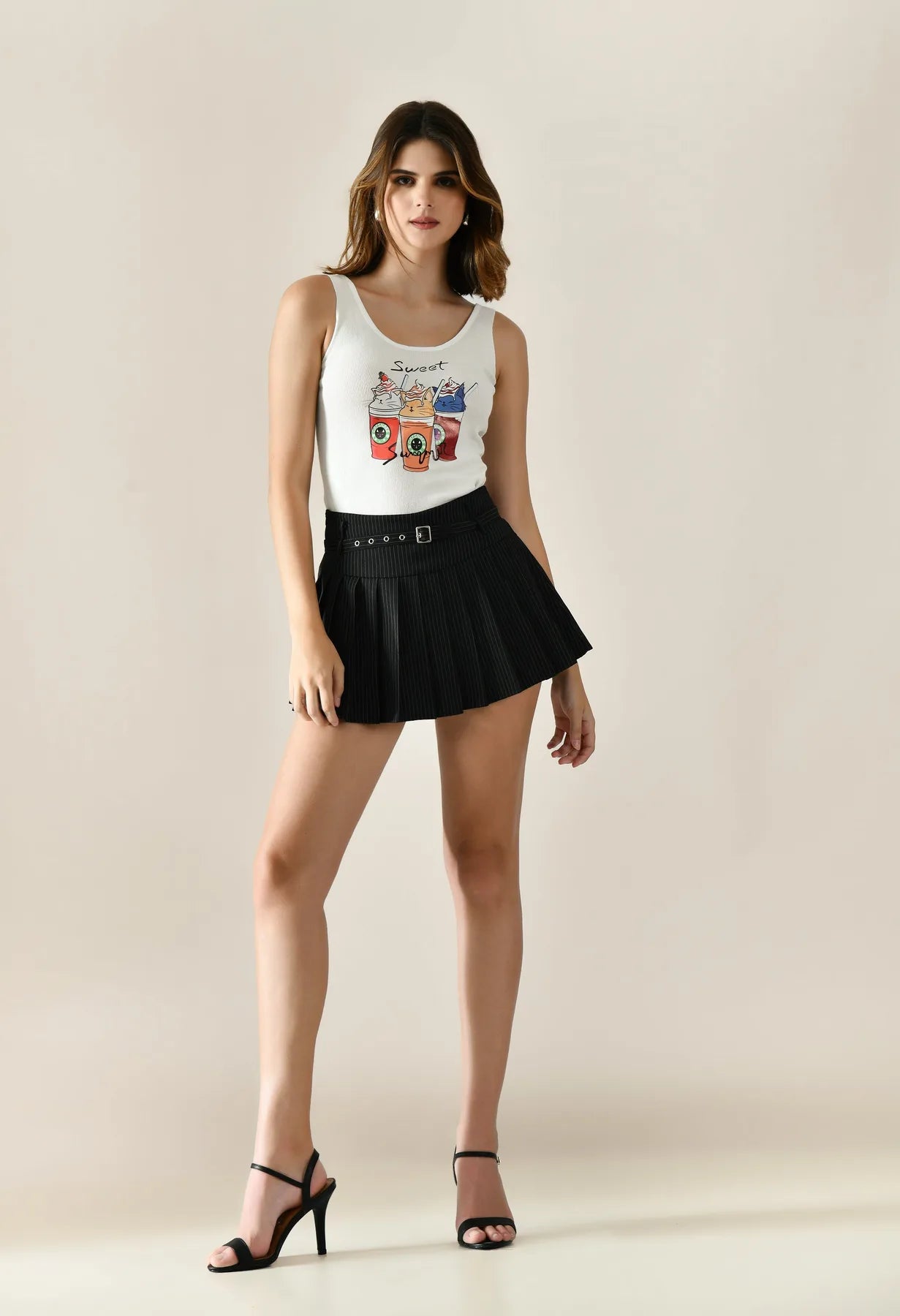 Pinstripe Pleated Belted Mini Skirt