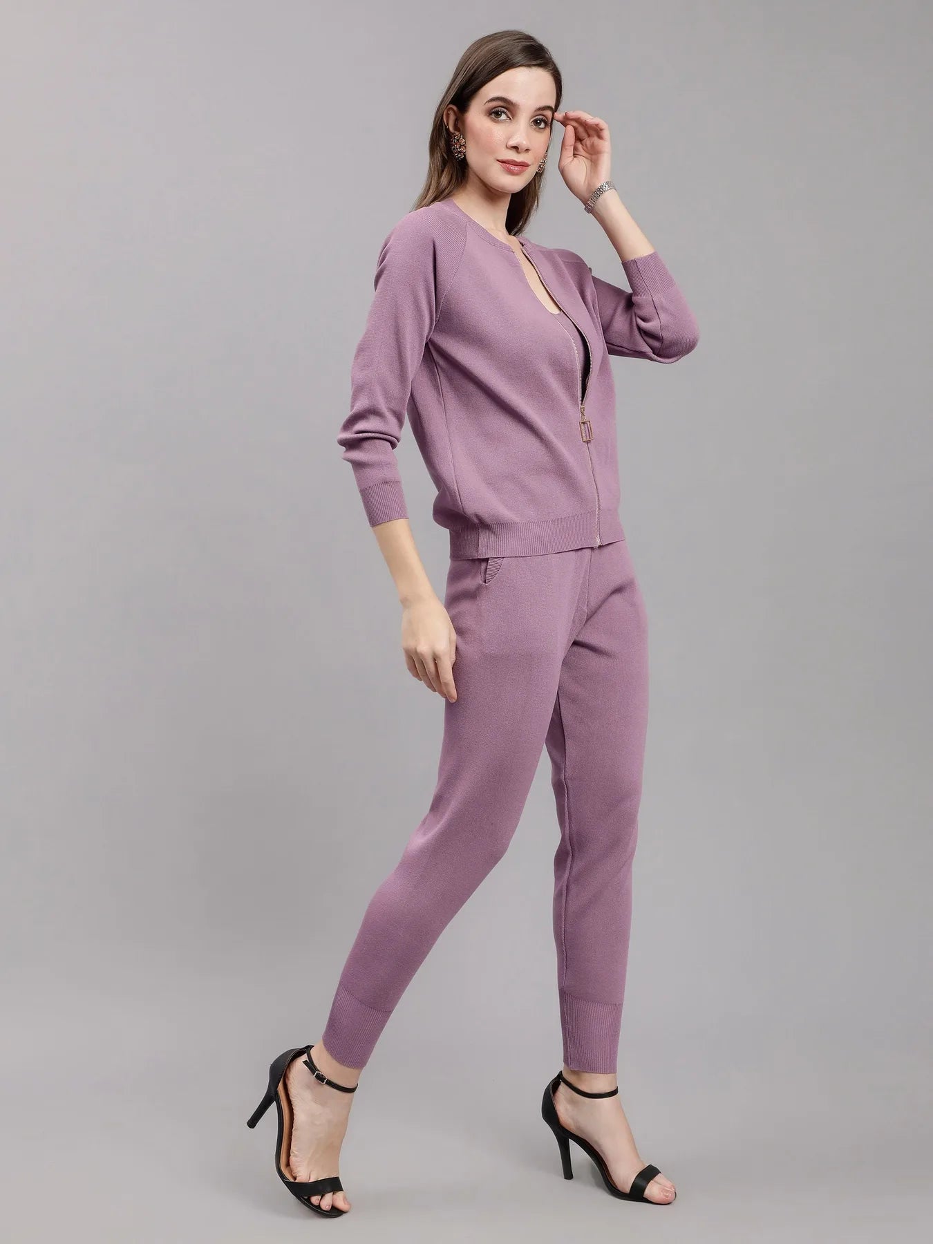 Front Zip Knitted Three Piece Set