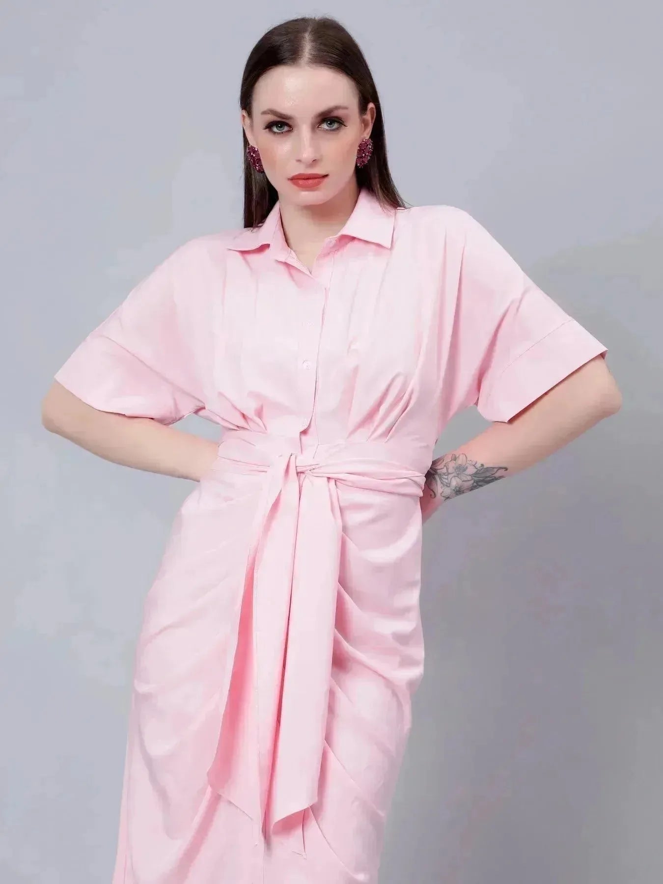 Cinched Waist Belted Shirt Dress