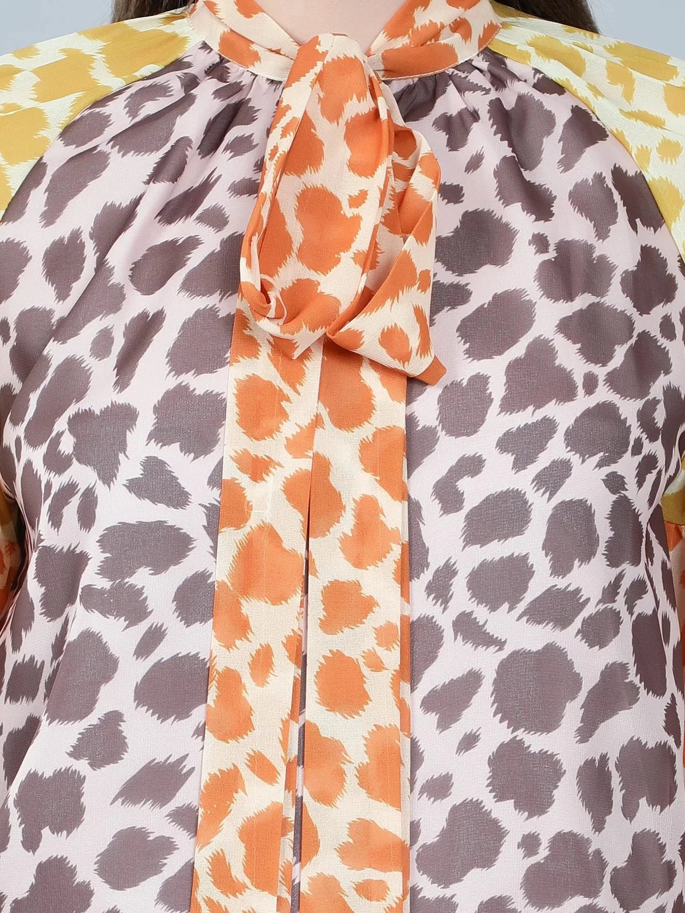 Leopard Print Colorblock Tie Neck Blouse