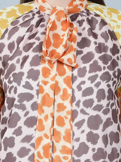 Leopard Print Colorblock Tie Neck Blouse