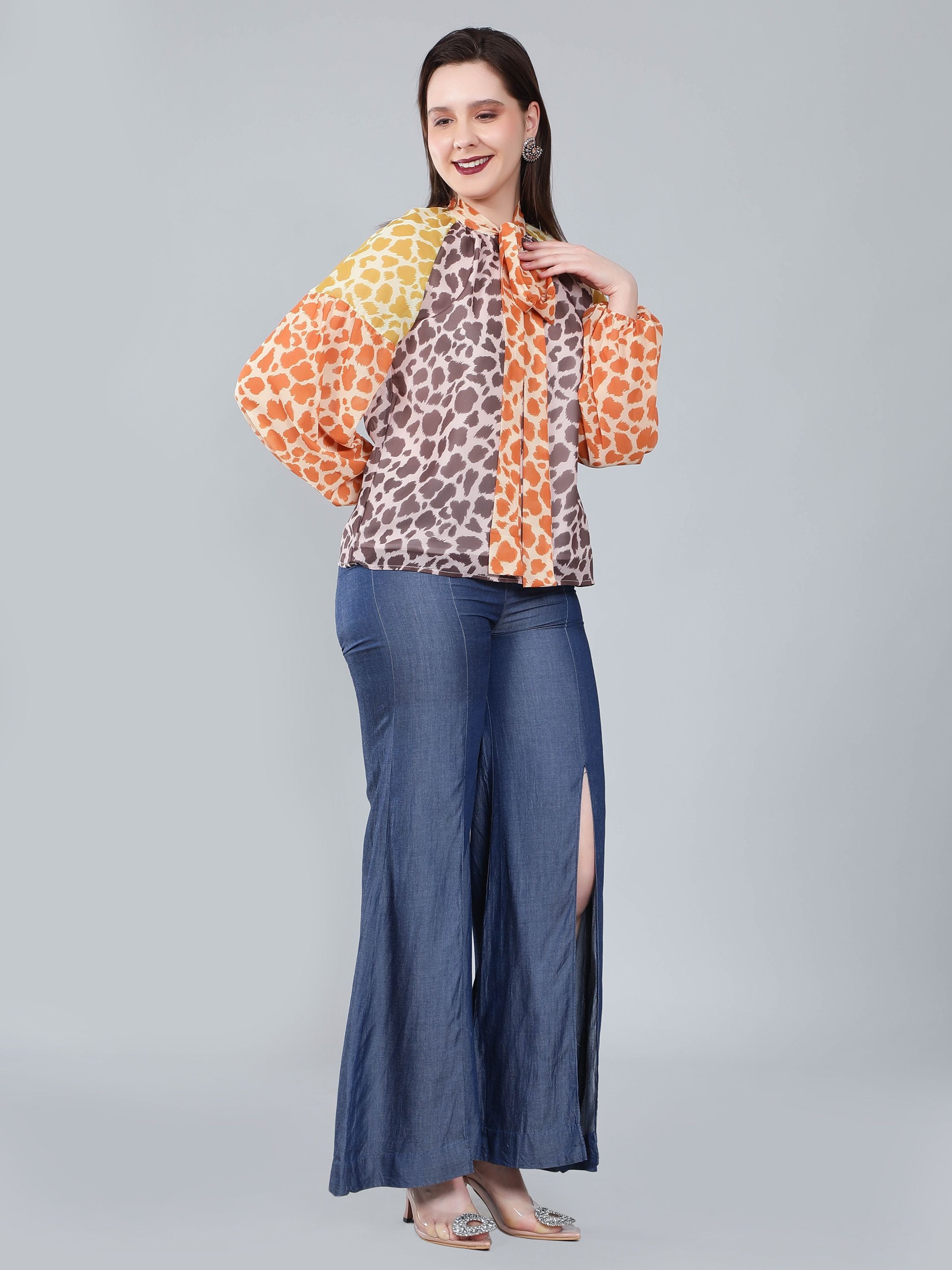 Leopard Print Colorblock Tie Neck Blouse