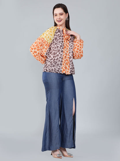 Leopard Print Colorblock Tie Neck Blouse
