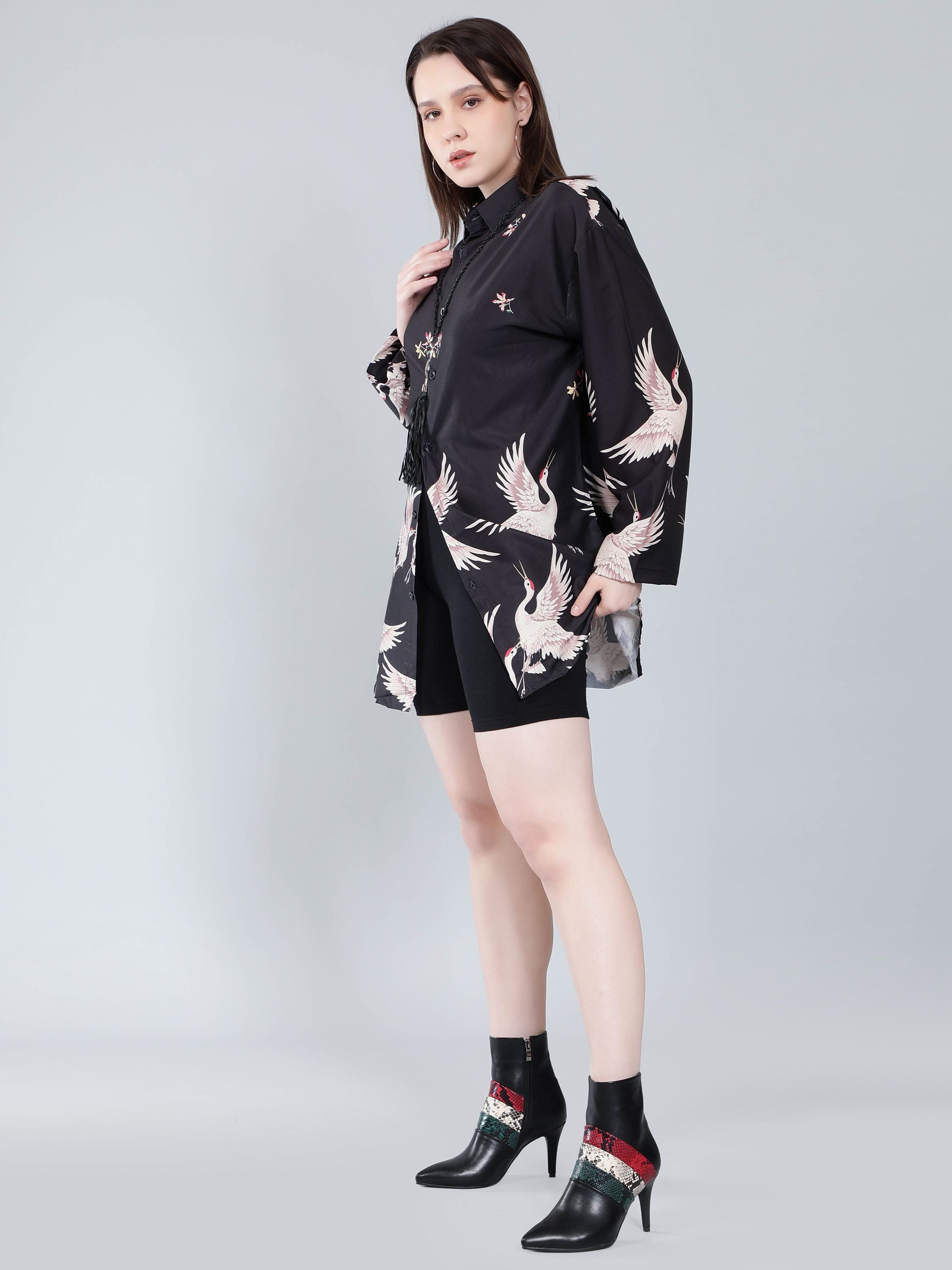 Crane Print Oversized Shirt