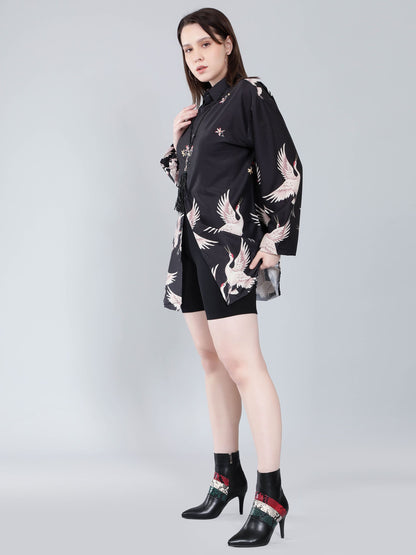 Crane Print Oversized Shirt
